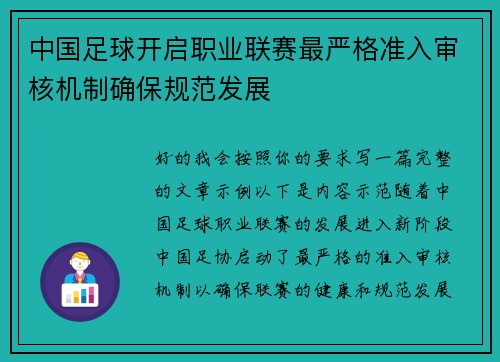 中国足球开启职业联赛最严格准入审核机制确保规范发展