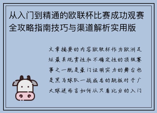 从入门到精通的欧联杯比赛成功观赛全攻略指南技巧与渠道解析实用版